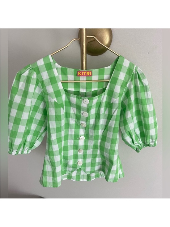 Kitri Tops - KITRI Green Plaid Gingham Cotton Top US 2 Retro Cottagecore Puff Sleeve Festival